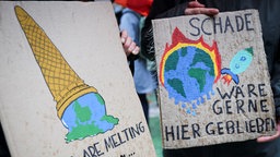 Anhängerinnen und Anhänger einer Klimabewegung halten selbstgemalte Schilder bei einer Demonstration.
