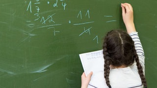 Eine Schülerin schreibt mit Kreide eine Rechnung an eine grüne Schultafel.