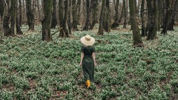 Eine Frau mit großem Hut im Wald
