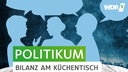 Grafisches Bild mit diskutierenden Menschen, darauf Schrift "Politikum. Bilanz am Küchentisch"