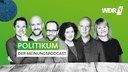 Collage: Logo des Podcast Politikum, davor stilisiert die Köpfe der fünf Moderator:innen