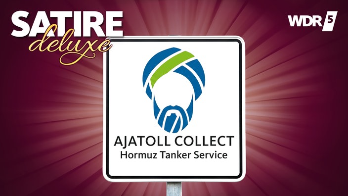 Bildmontage: Ein fiktives Verkehrsschild mit einem Logo der Firma "Ajatoll Collect" und dem Untertitel "Hormuz Tanker Service". 