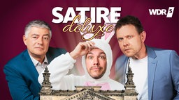 Die Satire Deluxe Moderatoren Henning Bornemann und Axel Naumer mit ihrem Gast Jan van Weyde