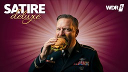 Ein General mit einem Cheeseburger in der Hand