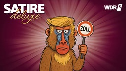 Satirische Cartoon-Montage eins Pavians mit Trump-Frisur, der eine Zoll-Kelle in der Hand hält