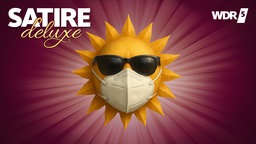 Eine Sonne mit Gesicht trägt Sonnenbrille und FFP2-Maske.