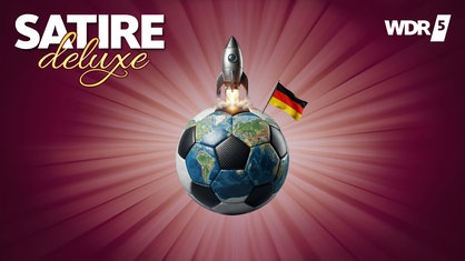 Eine Rakete startet nach oben von einer Erdkugel im Stile eines Fußballs, in der eine Deutschlandfahne steckt