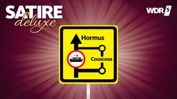 Satirische Fotomontage: Ein gelbes Umleitungsschild, das anzeigt, dass Schiffe nicht geradeaus nach Hormus fahren dürfen, sondern einen Umweg über Couscous nehmen müssen.
