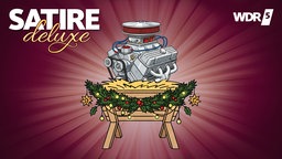 Cartoon: Ein V8 Motor liegt im Stroh einer weihnachtlich geschmückten Krippe