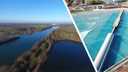 Elfrather See (l) und Planung Surfpark (r), COLLAGE