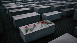 Nelken liegen auf einer Stehle des Holocaust Denkmals in Berlin