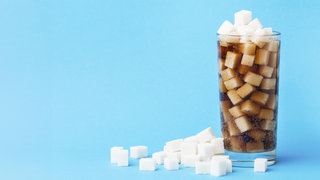 Ín einem Glas befindet sich ein brauner Softdrink und zahlreiche Zuckerwürfel.