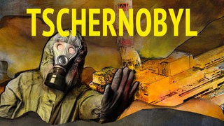 Die Grafik des WDR5 Dok5 "Tschernobyl - die Katastrophe und wir" zeigt einen Menschen mit Gasmaske, im Hintergrund das zerstörte Tschernobyl.