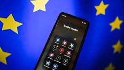 Social-Media-Apps sind auf einem Smartphone vor dem Hintergrund der Flagge der Europäischen Union zu sehen.
