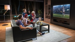 3D-Bild; Fans sitzen im Wohnzimmer auf dem Sofa, verfolgen eine Fußballszene im Fernsehen und bejubelt ein Tor.