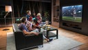 3D-Bild; Fans sitzen im Wohnzimmer auf dem Sofa, verfolgen eine Fußballszene im Fernsehen und bejubelt ein Tor.