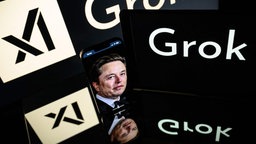 Bildschirme mit dem Logo von Grok, in der Mitte ein Smartphone  und Elon Musk.