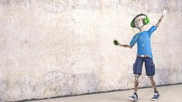 Roboter hört Musik mit Kopfhörern. 