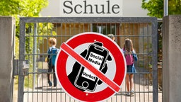Grundschule mit Verbotsschild "Social Media Verbot".