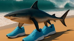 KI generiertes Foto: Hai am Strand trägt Sneaker an seinen Flossen. 