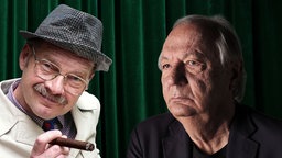 Fotomontage: Portraits der Kabarettisten Wilfried Schmickler und Gernot Voltz vor einem dunkelgrünen Theatervorhang