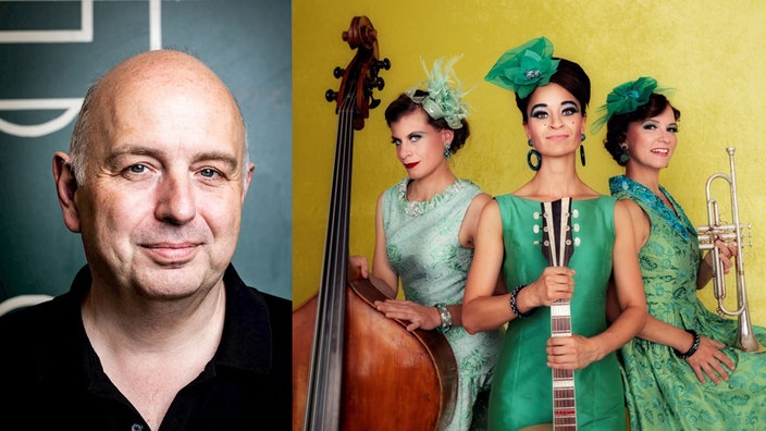 Portraits von Kabarettist Frank Goosen und den drei Musikerinnen Zucchini Sistaz