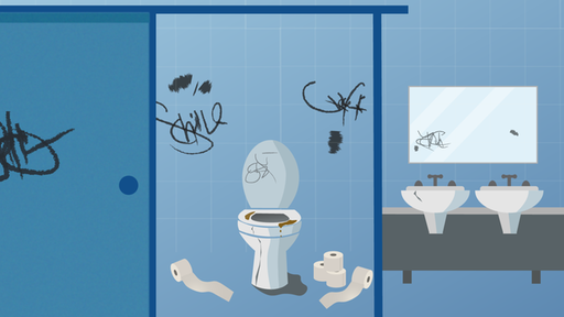 Eine Illustration zeigt eine verdreckte und verschmierte Schultoilette