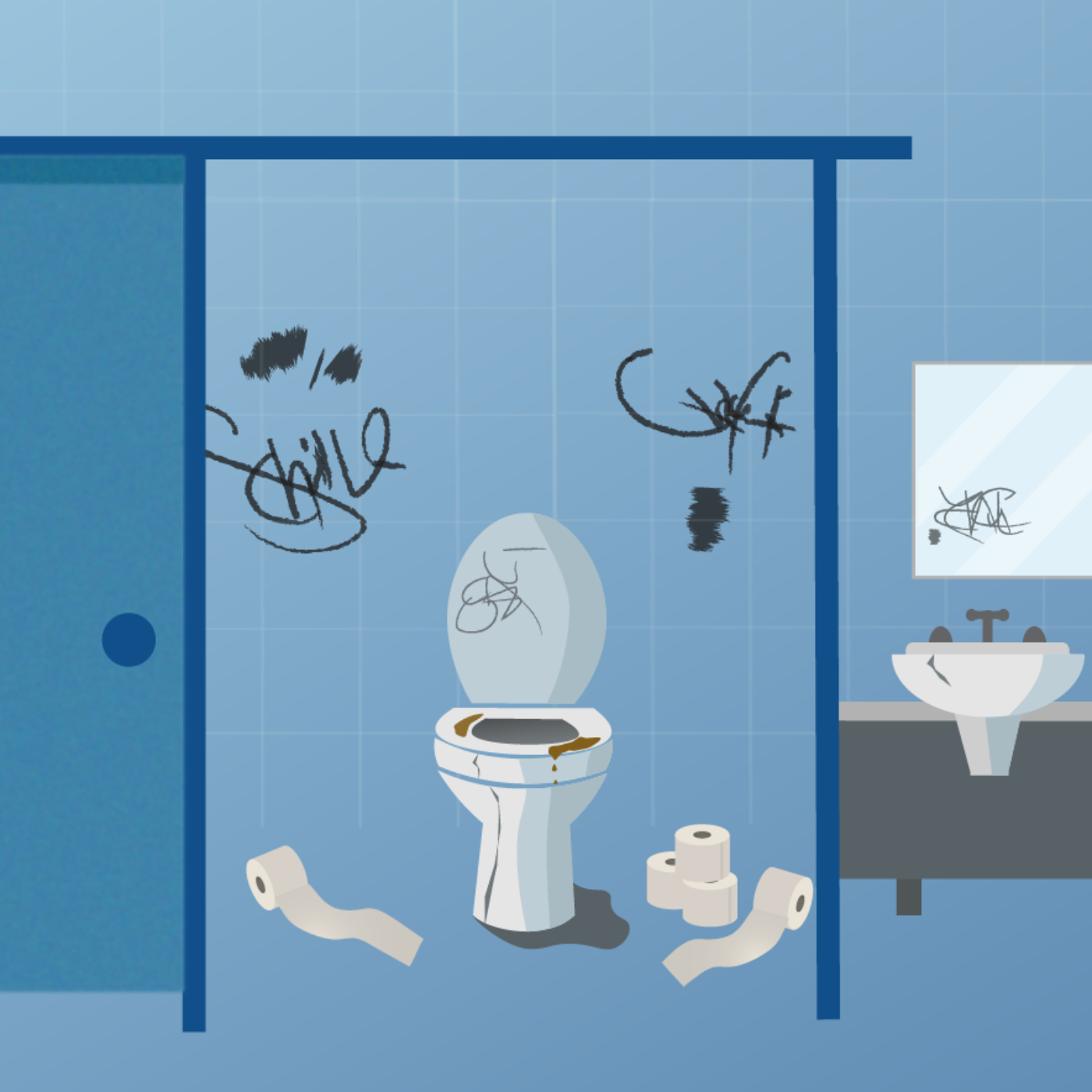 Eine Illustration zeigt eine verdreckte und verschmierte Schultoilette