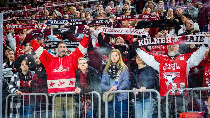 Fans der Kölner Haie halten ihre Schals in die Höhe