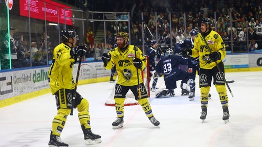 Die Spieler der Krefeld Pinguins jubeln über ihren Treffer gegen die Kassel Huskies