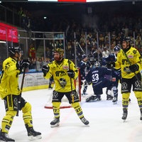 Die Spieler der Krefeld Pinguins jubeln über ihren Treffer gegen die Kassel Huskies