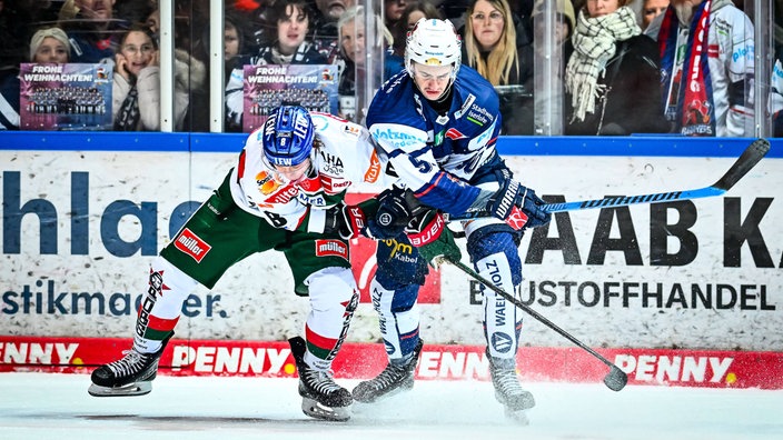 Taro Jentzsch (Iserlohn Roosters) im Zweikampf mit Augsburgs Kristan Blumenschein in einer Szene aus der Partie vom Dezember 2024.