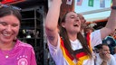 Eine Frau jubelt in Düsseldorf