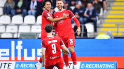 Torjubel zum 0:1 durch Torben Müsel (r.)