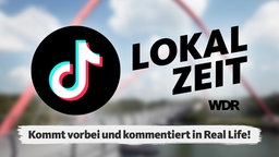 Das Logo von TikTok und der Lokalzeit, im Hintergrund eine rote Bogenbrücke in Gelsenkirchen