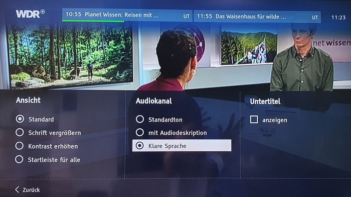 Menüansicht der HbbTV-Einstellungen, in denen die Audiooption "Klare Sprache" ausgewählt ist