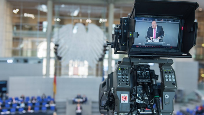 Plenarsitzung im deutschen Bundestag, im Vordergrund ist eine Fernsehkamera