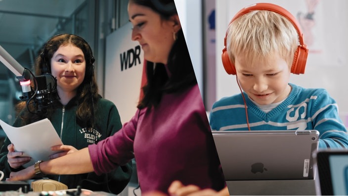 Zwei Schüler:innen bei der Arbeit im WDR-Studio, ein Junge betrachtet einen Tabletcomputer