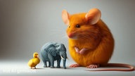 KI-generiertes Bild mit kleiner Ente, mittelgroßem Elefant und sehr großer Maus