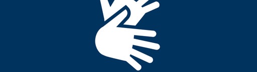 WDR DGS Symbol. Ein Icon bestehend aus zwei weißen Händen mit der Schrift "DGS" als Abkürzung für "Deutsche Gebärdensprache"  