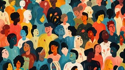 Bunte Zeichnung einer Menschenmenge mit unterschiedlichen Personen, die in verschiedene Richtungen blicken
