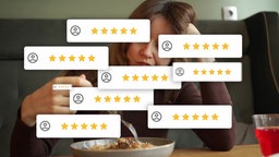 Das Bild zeigt eine Frau am Tisch. Im Vordergrund Google Bewertungen.