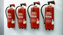 Das Bild zeigt vier Feuerlöscher an einer Wand. 