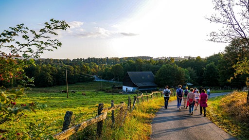 Eine Wandergruppe wandert auf einem Wanderweg in NRW