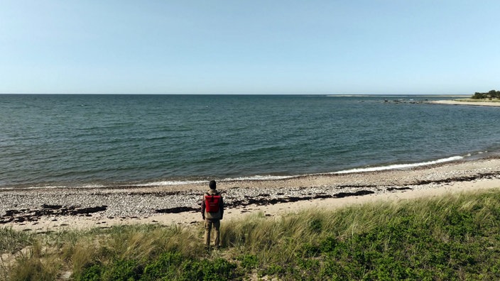 Ramon Babazadeh steht an einem menschenleeren Strand und  schaut aufs Meer