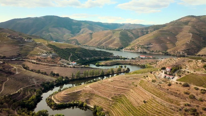 Der Fluss Douro windet  sich durch eine Gebirgslandschaft 