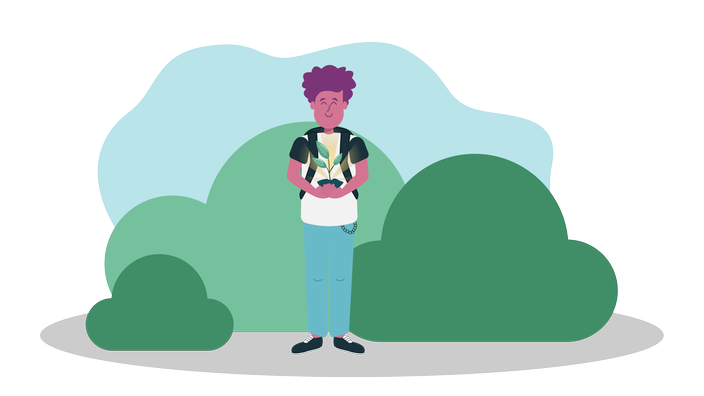 Ein Junge mit Schulranzen steht im Nachhaltigkeitsunterricht in der Natur. Er hält ein Häufchen Erde mit einem Steckling in der Hand.