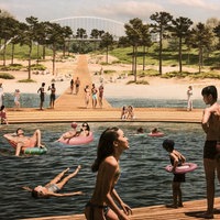 Symbolbild für die Garzweiler Seelandschaft einem Strand, schwimmenden Menschen und einem Steg auf dem Wasser.