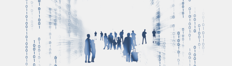 Illustration: Silhouetten von Menschen in einem Raum aus Nullen und Einsen