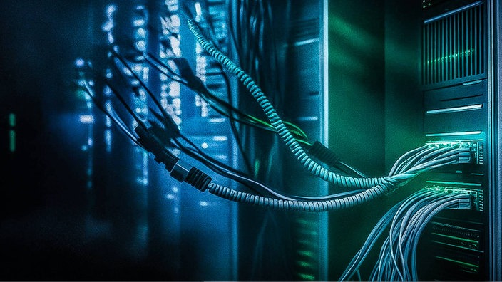 Ein Computer mit Netzwerkkabeln